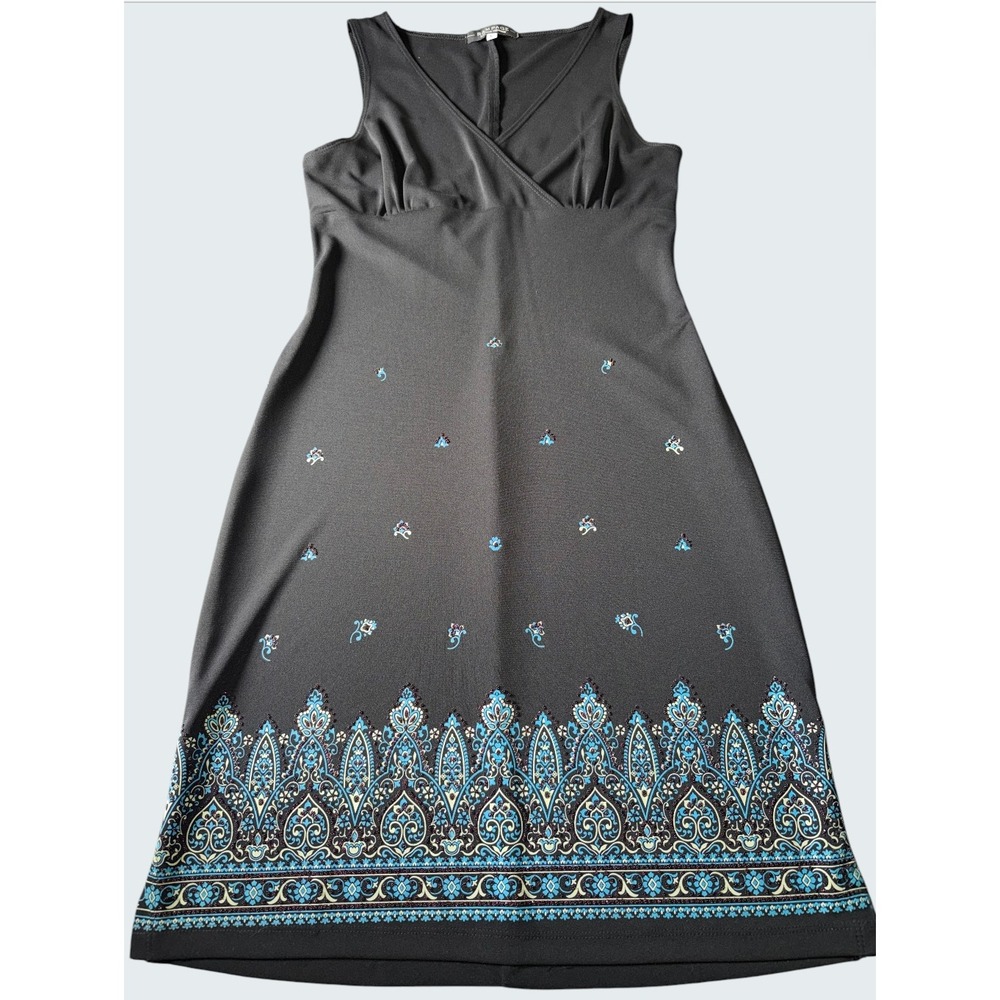 Rampage‎ Womens Black Blue Paisley Border Print Sleeveless V-Neck Dress Large